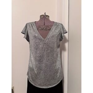 Silver Metallic Top V-Neck Flutter‎ Sleeve Sparkle Party Blouse